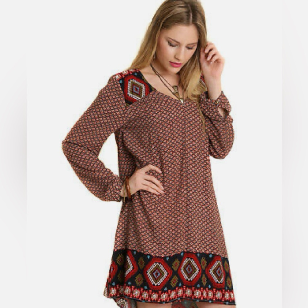 Umgee Bohemian Long Sleeve Dress with Geometric Pattern small